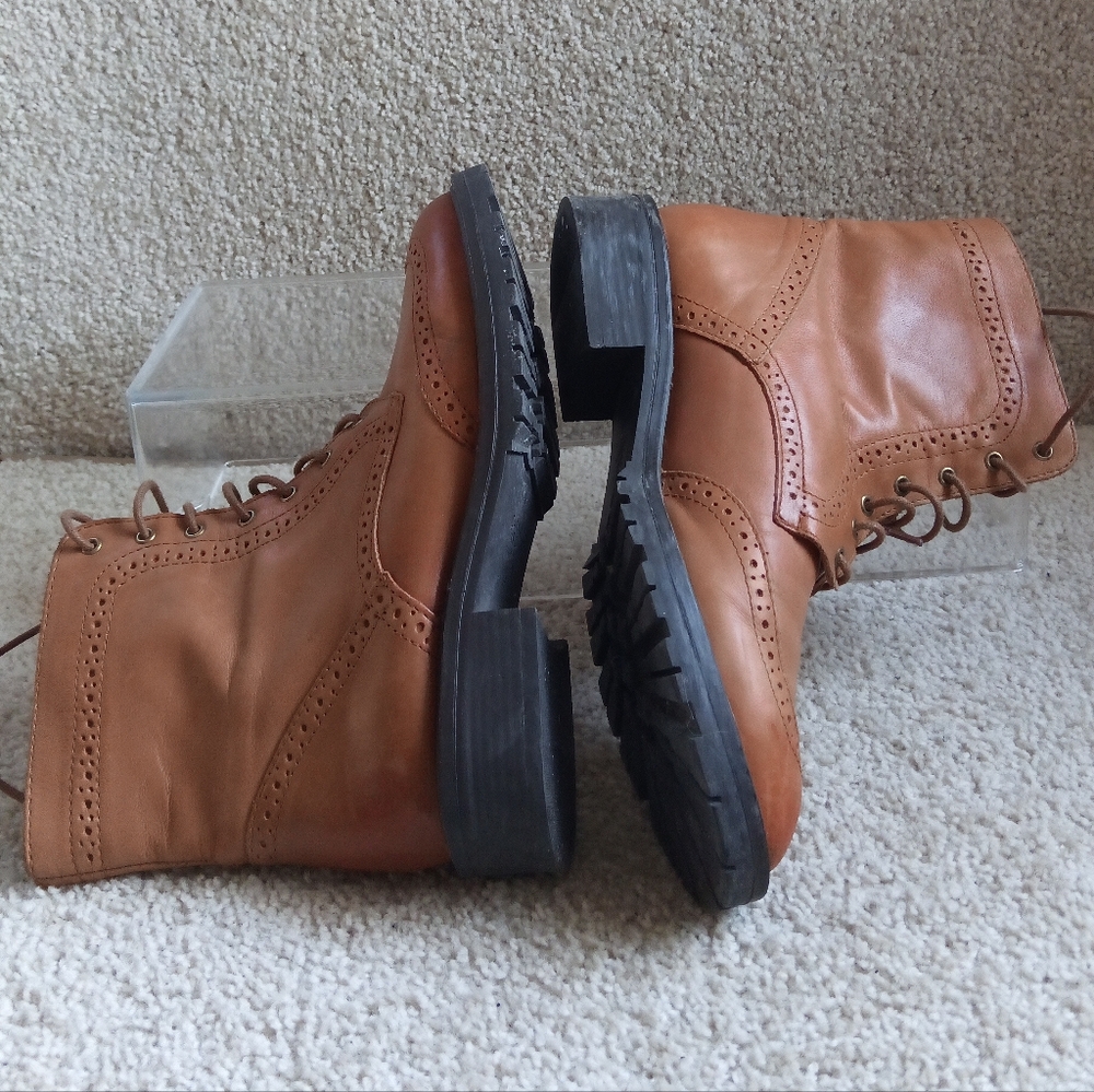 Like New Zara Women's Tan Leather Lace Up Ankle Boots - Picture 4 of 12